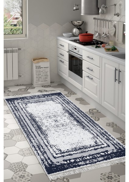 Dijital Mutfak Halısı Trend Keçe Kaymaz Taban Saçaklı Modern Mollie Lacivert