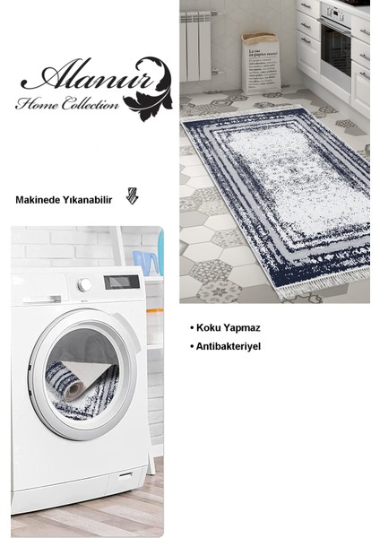 Dijital Mutfak Halısı Trend Keçe Kaymaz Taban Saçaklı Modern Mollie Lacivert