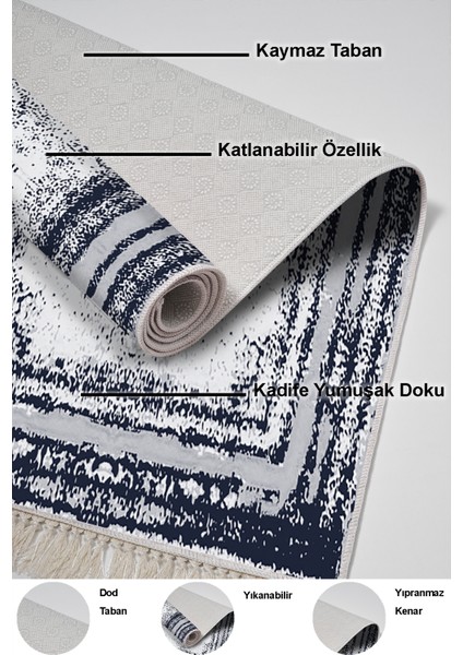 Dijital Mutfak Halısı Trend Keçe Kaymaz Taban Saçaklı Modern Mollie Lacivert