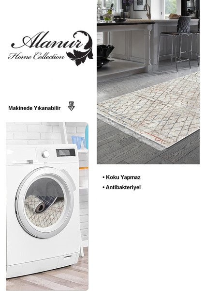 Dijital Mutfak Halısı Star Pamuk Kaymaz Taban Saçaklı Iskandinav Nydia Bej modelleri