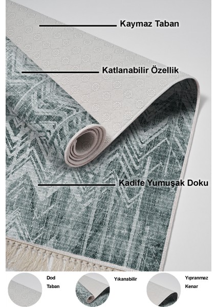 Dijital Mutfak Halısı Trend Keçe Kaymaz Taban Saçaklı Iskandinav Mel Yeşil