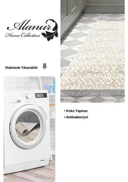 Dijital Mutfak Halısı Trend Keçe Kaymaz Taban Saçaklı Modern Eliana Vizon