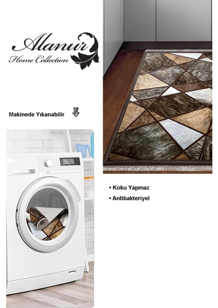Dijital Mutfak Halısı Trend Keçe Kaymaz Taban Saçaklı Modern Janice Gri Kahve