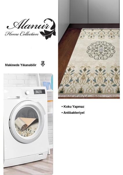 Dijital Mutfak Halısı Yıldız Deri Kaymaz Taban Saçaklı Modern Demetria Bej