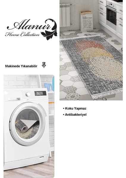 Dijital Mutfak Halısı Trend Keçe Kaymaz Taban Saçaklı Modern Saeran Kahve Krem Bej