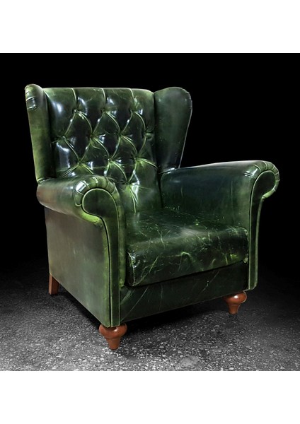 Pullup Yeşil Deri Chesterfield Berjer