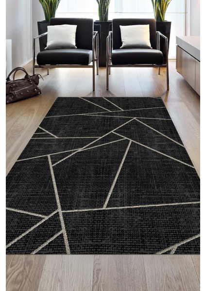 Dijital Salon Halısı Star Pamuk Kaymaz Taban Modern Shavonne Siyah