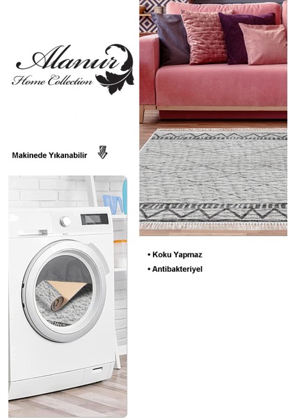 Dijital Salon Halısı Yıldız Deri Kaymaz Taban Saçaklı Iskandinav Farah Gri