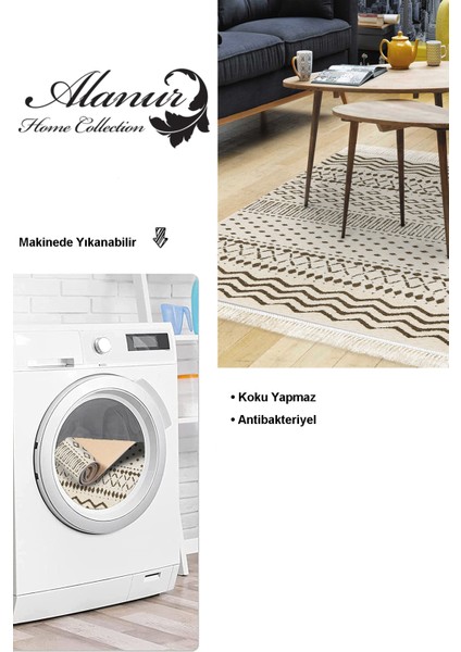 Dijital Salon Halısı Yıldız Deri Kaymaz Taban Saçaklı Iskandinav Cade Kahve