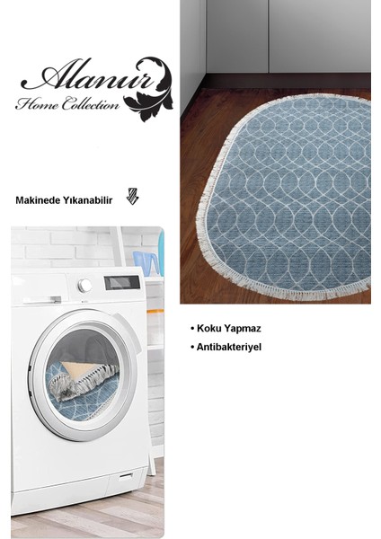 Dijital Mutfak Halısı Yıldız Deri Kaymaz Taban Saçaklı Oval Iskandinav Celestine Lacivert