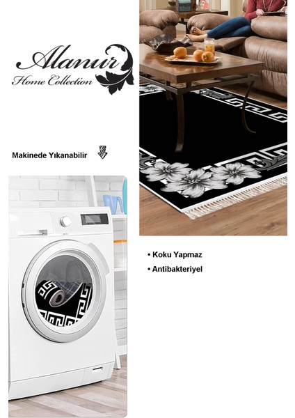 Dijital Salon Halısı Star Pamuk Kaymaz Taban Saçaklı Modern Marcie Siyah modelleri