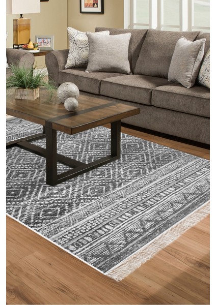 Dijital Salon Halısı Yıldız Deri Kaymaz Taban Saçaklı Iskandinav Liz Antrasit