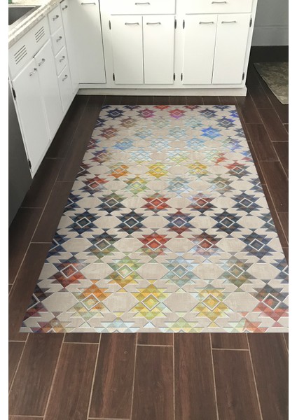 Dijital Mutfak Halısı Star Pamuk Kaymaz Taban Modern Cyan Renkli