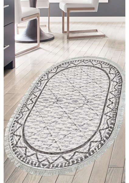 Dijital Mutfak Halısı Yıldız Deri Kaymaz Taban Saçaklı Oval Iskandinav Farah Gri