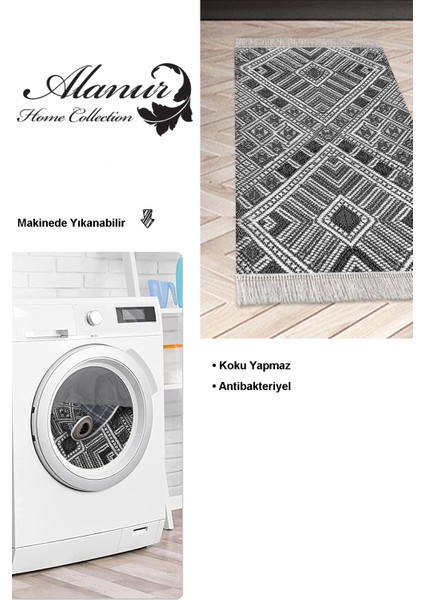Dijital Mutfak Halısı Star Pamuk Kaymaz Taban Saçaklı Modern Rylee Siyah modelleri
