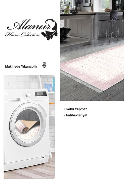 Dijital Mutfak Halısı Yıldız Deri Kaymaz Taban Saçaklı Modern Evelina Pudra
