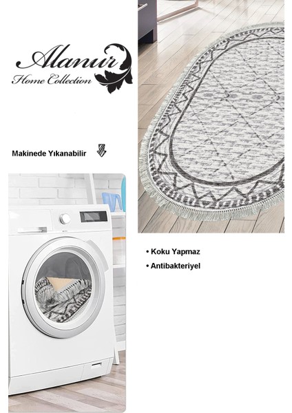 Dijital Mutfak Halısı Yıldız Deri Kaymaz Taban Saçaklı Oval Iskandinav Farah Gri modelleri