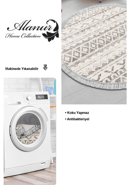 Dijital Mutfak Halısı Trend Keçe Kaymaz Taban Saçaklı Yuvarlak Iskandinav Mali Açık Kahve