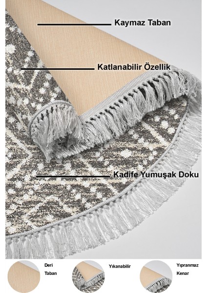 Dijital Mutfak Halısı Yıldız Deri Kaymaz Taban Saçaklı Yuvarlak Iskandinav Liz Gri