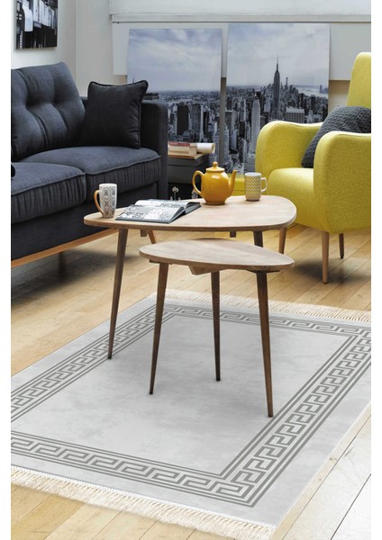 Dijital Salon Halısı Trend Keçe Kaymaz Taban Saçaklı Modern Cassietta Gri