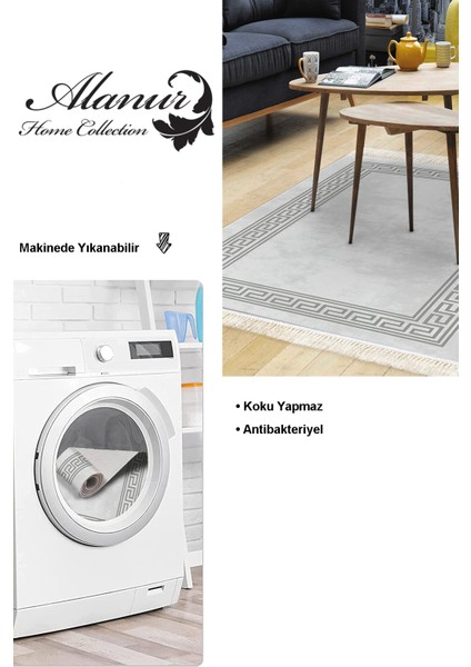 Dijital Salon Halısı Trend Keçe Kaymaz Taban Saçaklı Modern Cassietta Gri