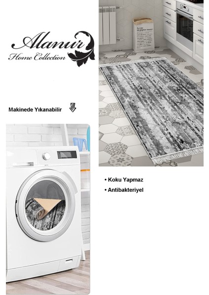 Dijital Mutfak Halısı Yıldız Deri Kaymaz Taban Saçaklı Modern Rita Gri