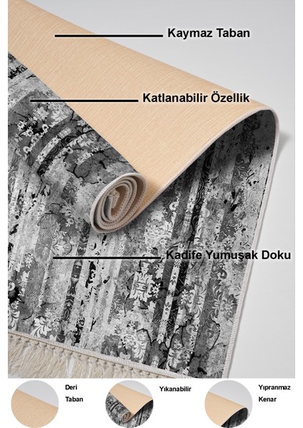 Dijital Mutfak Halısı Yıldız Deri Kaymaz Taban Saçaklı Modern Rita Gri