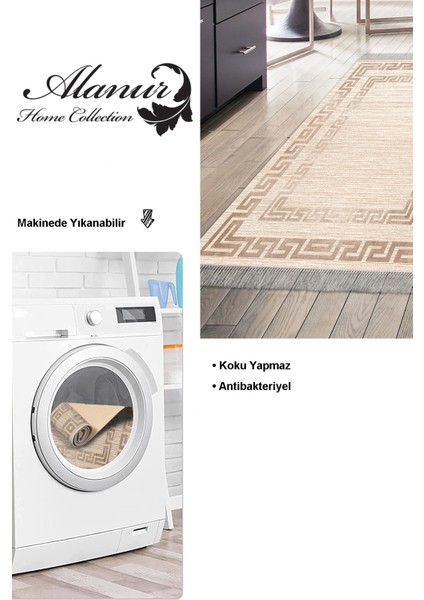 Dijital Mutfak Halısı Yıldız Deri Kaymaz Taban Saçaklı Modern Dorothea Bej