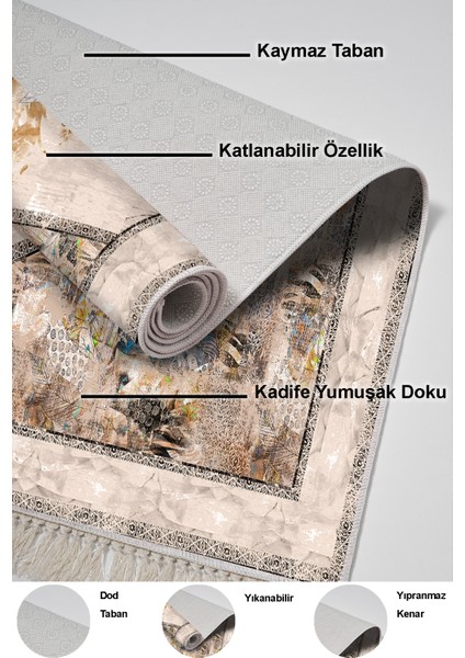 Dijital Mutfak Halısı Trend Keçe Kaymaz Taban Saçaklı Modern Kristalena Bej indirimleri