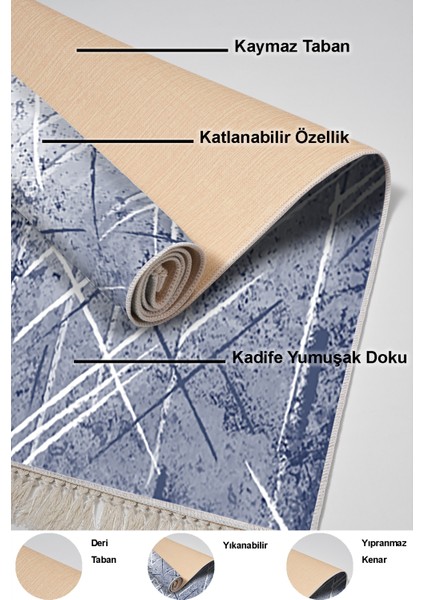 Dijital Mutfak Halısı Yıldız Deri Kaymaz Taban Saçaklı Modern Allissa Mavi