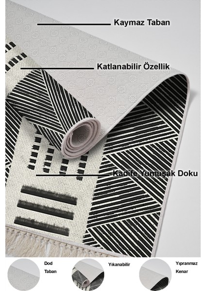 Dijital Mutfak Halısı Trend Keçe Kaymaz Taban Saçaklı Iskandinav Ailey Gri