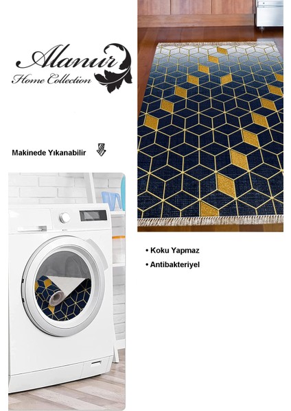 Dijital Mutfak Halısı Trend Keçe Kaymaz Taban Saçaklı Modern Daire Lacivert