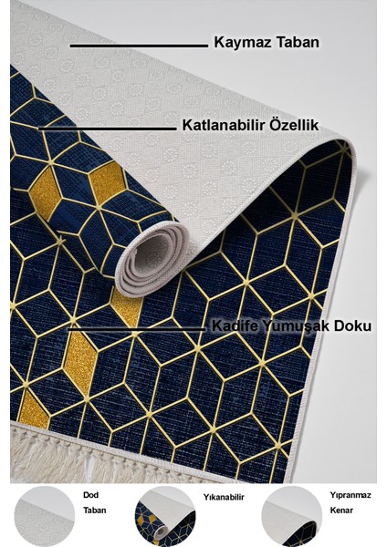 Dijital Mutfak Halısı Trend Keçe Kaymaz Taban Saçaklı Modern Daire Lacivert