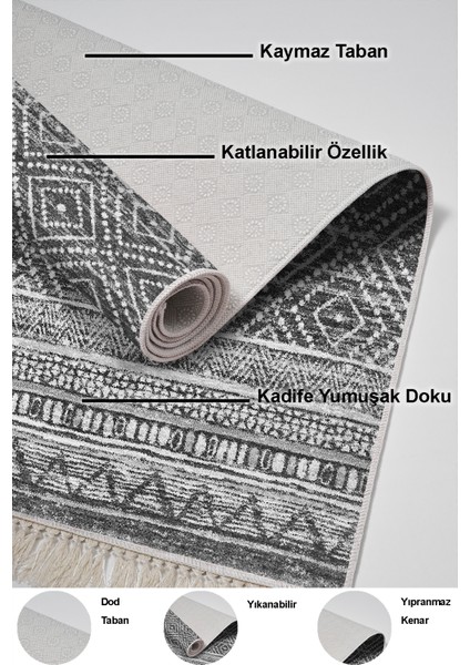 Dijital Mutfak Halısı Trend Keçe Kaymaz Taban Saçaklı Iskandinav Liz Antrasit