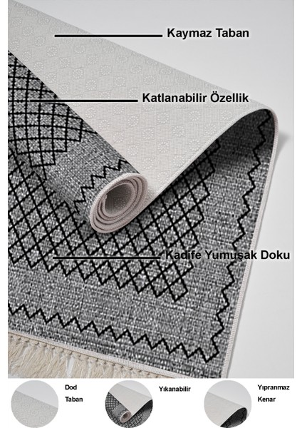 Dijital Salon Halısı Trend Keçe Kaymaz Taban Saçaklı Modern Christie Gri