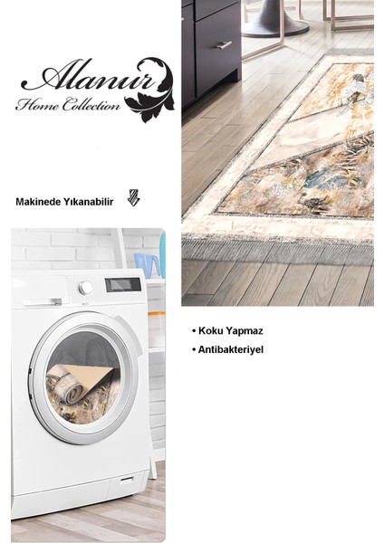 Dijital Mutfak Halısı Yıldız Deri Kaymaz Taban Saçaklı Modern Kristalena Bej