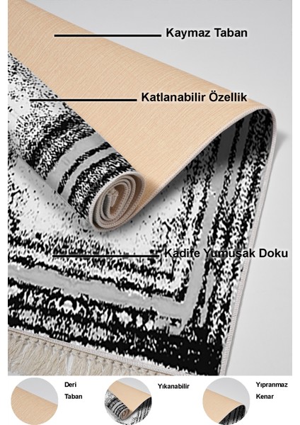 Dijital Mutfak Halısı Yıldız Deri Kaymaz Taban Saçaklı Modern Mollie Siyah