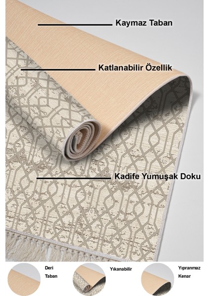 Dijital Mutfak Halısı Yıldız Deri Kaymaz Taban Saçaklı Modern Eliana Vizon indirimleri