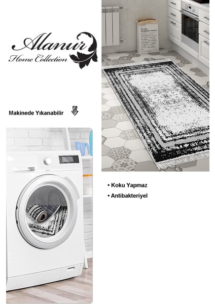 Dijital Mutfak Halısı Star Pamuk Kaymaz Taban Saçaklı Modern Mollie Siyah