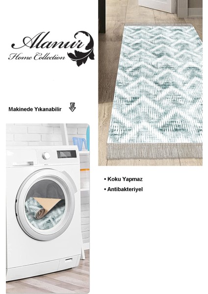 Dijital Mutfak Halısı Yıldız Deri Kaymaz Taban Saçaklı Iskandinav Renata Yeşil modelleri
