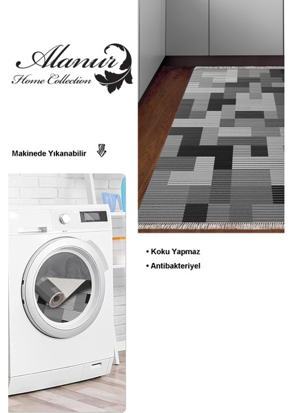 Dijital Mutfak Halısı Trend Keçe Kaymaz Taban Saçaklı Modern Andrina Gri modelleri