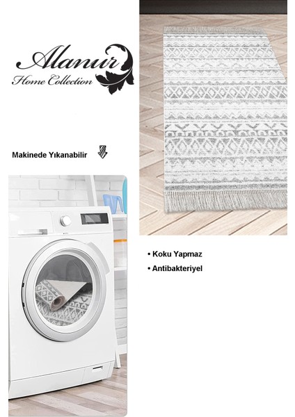 Dijital Mutfak Halısı Trend Keçe Kaymaz Taban Saçaklı Iskandinav Mali Gri