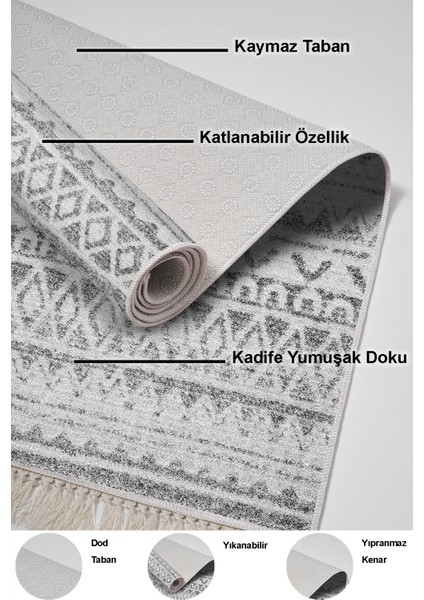 Dijital Mutfak Halısı Trend Keçe Kaymaz Taban Saçaklı Iskandinav Mali Gri