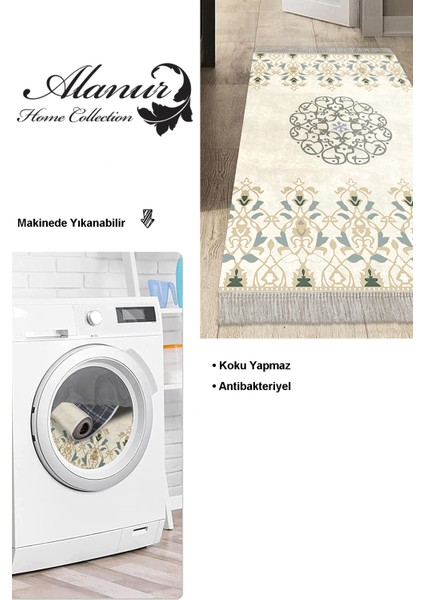 Dijital Mutfak Halısı Star Pamuk Kaymaz Taban Saçaklı Modern Demetria Bej