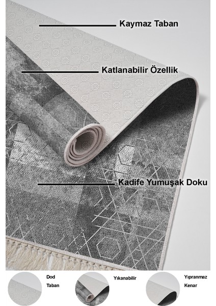 Dijital Mutfak Halısı Trend Keçe Kaymaz Taban Saçaklı Iskandinav Page Gri