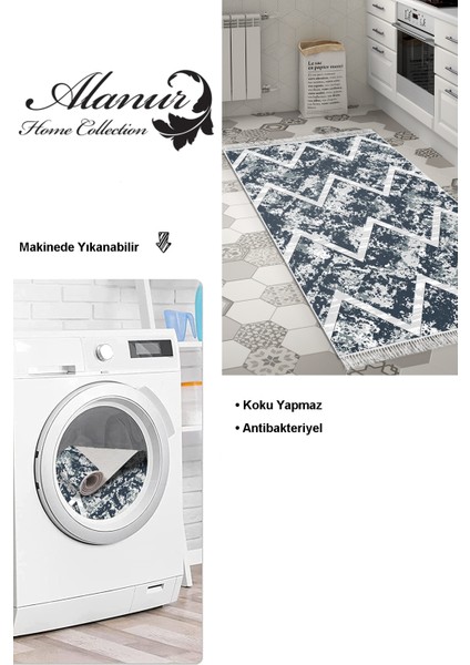 Dijital Mutfak Halısı Trend Keçe Kaymaz Taban Saçaklı Iskandinav Roxanne Mavi