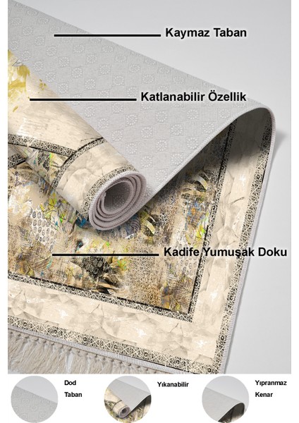 Dijital Mutfak Halısı Trend Keçe Kaymaz Taban Saçaklı Modern Kristalena Sarı