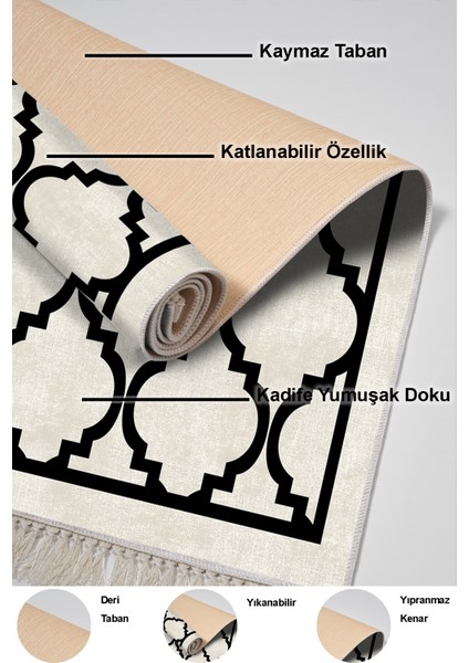 Dijital Mutfak Halısı Yıldız Deri Kaymaz Taban Saçaklı Modern Mamie Bej