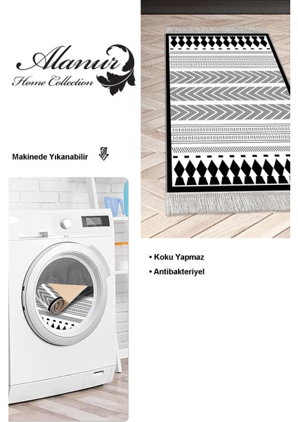 Dijital Mutfak Halısı Yıldız Deri Kaymaz Taban Saçaklı Iskandinav Saxona Siyah