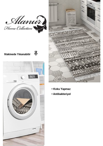 Dijital Mutfak Halısı Yıldız Deri Kaymaz Taban Saçaklı Iskandinav Ysabel Antrasit